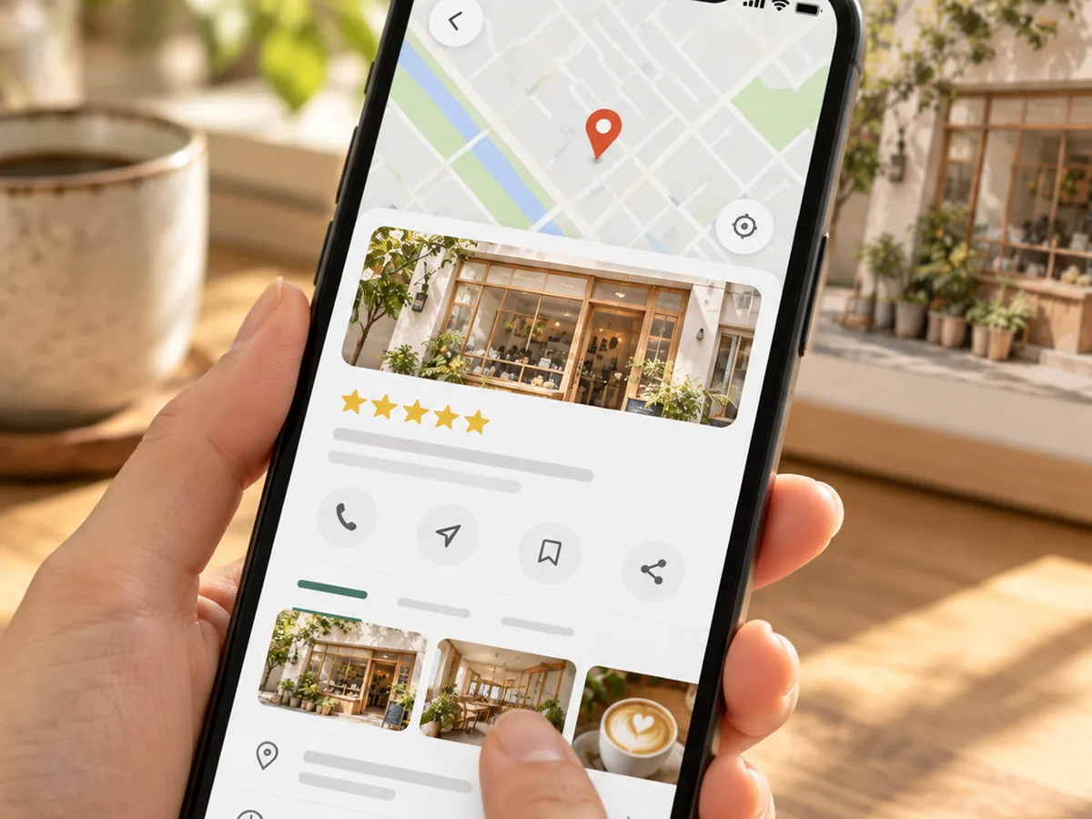 スマートフォンでお店のGoogleマップ情報を見ているところ